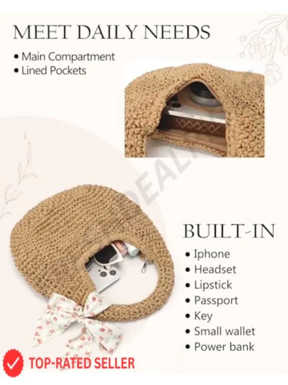 Handwoven Straw Clutch Purse for Women Zip Closure Beach Tote Lightweight